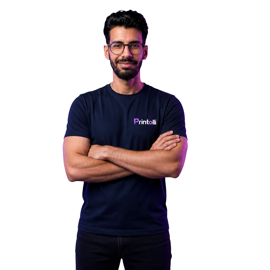 Said, founder of Printolli, wearing a Printolli T-shirt